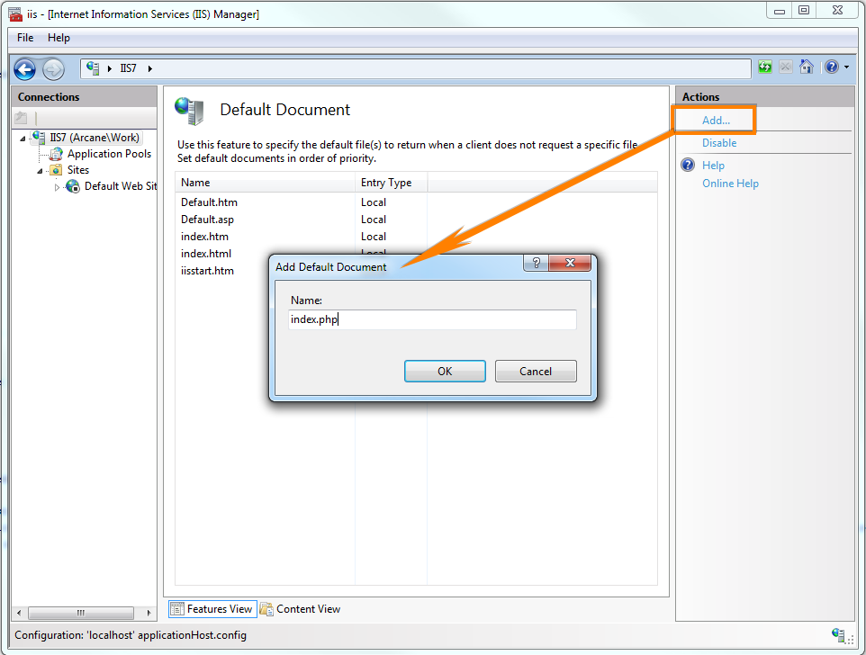 Load default configuration. IIS php. Php IIS fastcgi. Iis7 это. Default document button IIS.