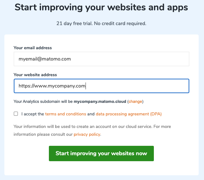 How to create a Matomo Cloud account FAQ - Getting started