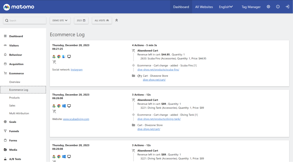 Ecommerce log report in Matomo analytics