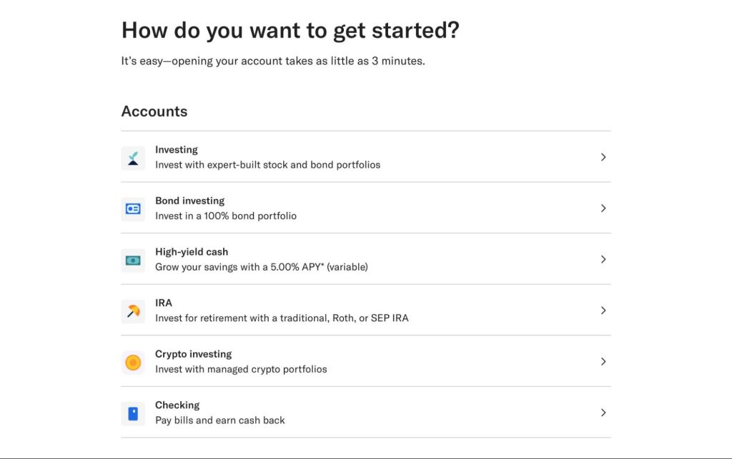A screenshot of Betterment's personalized signup process