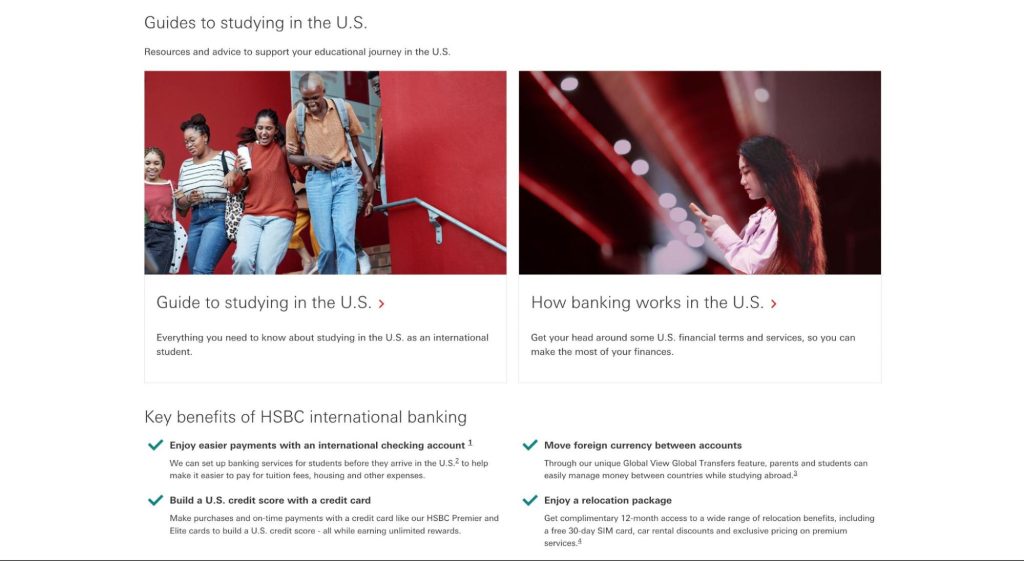 A screenshot of HSBC's US website showing category pages for different customer personas