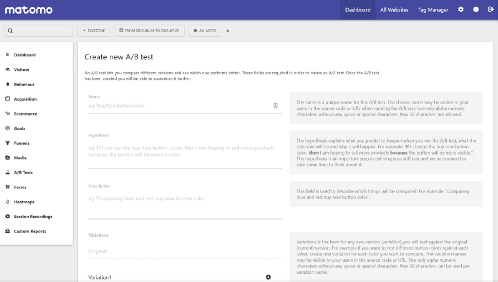 Screenshot of Matomo's A/B Testing feature