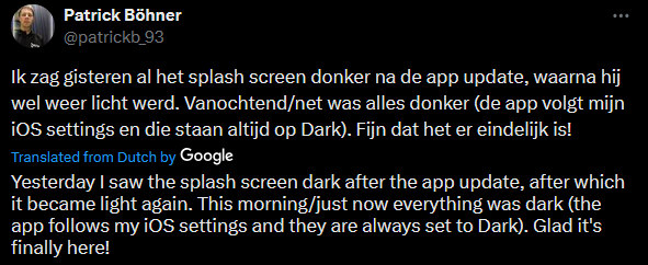 A screenshot of a user's positive X post about Rabobank's app's dark mode feature.