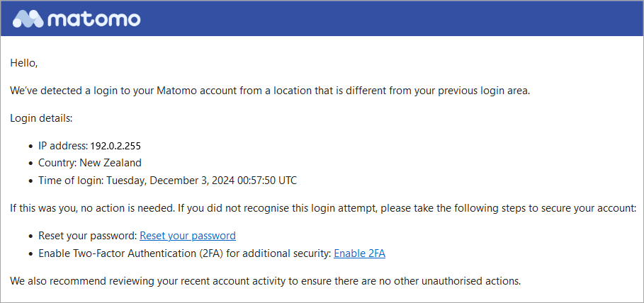 An email notification to Matomo users if there are any unusual logins.