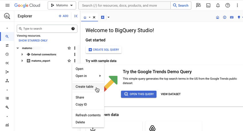 BigQuery create-table-menu