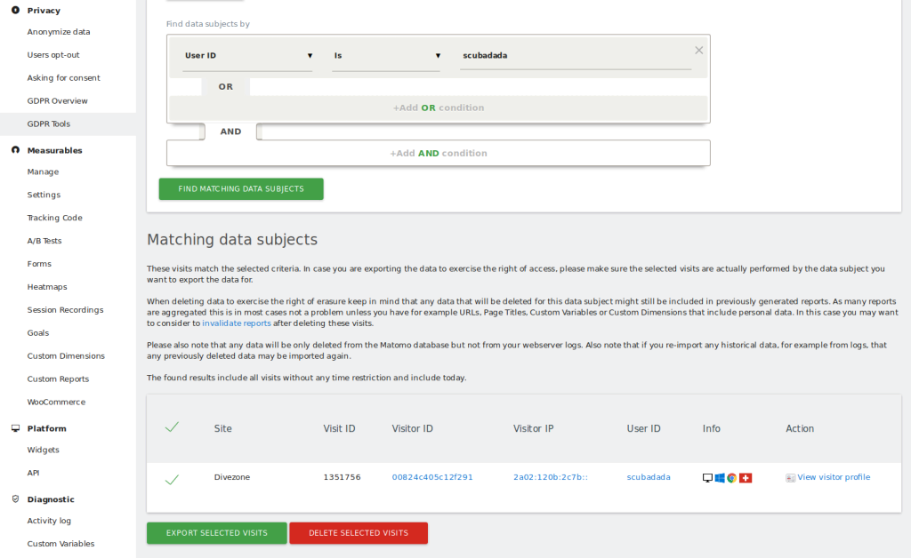 Data subject access request setting Matomo