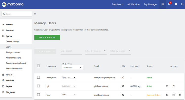 manage users in matomo