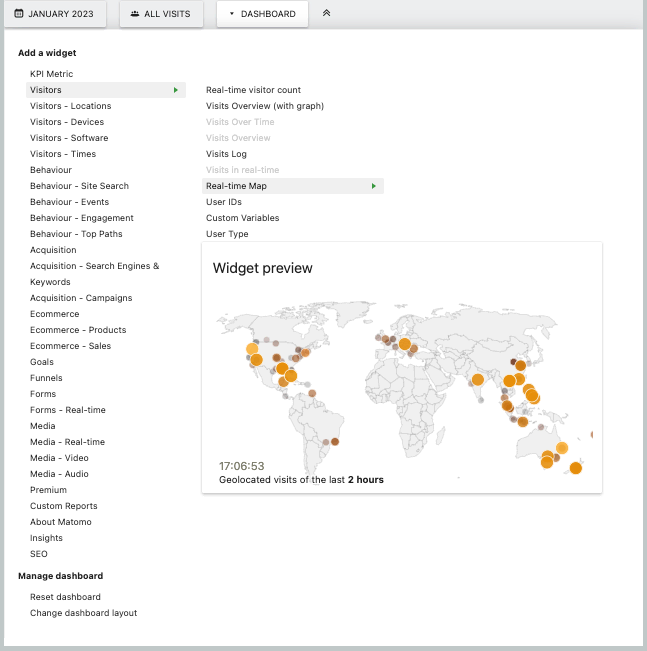 Screenshot of Matomo reporting widgets