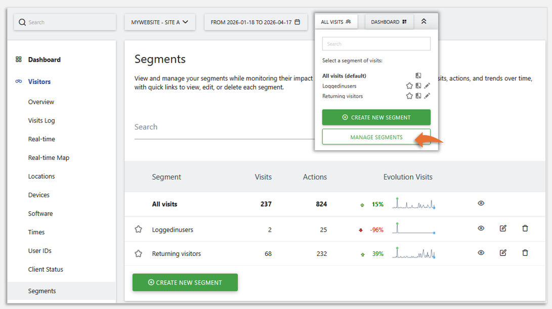 manage segments in matomo